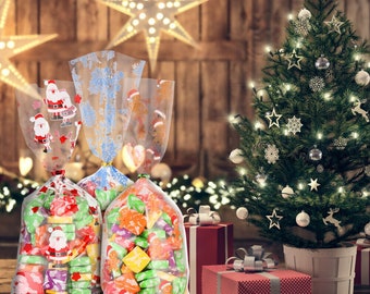 10 sacchetti regalo di Natale 11 x 5, sacchetti per feste di Natale, sacchetti di caramelle, sacchetti per imballaggio per biscotti, sacchetti di cellophane di Natale, 4 disegni