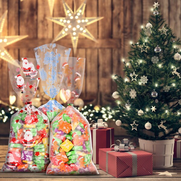 10 11 x 5 Christmas Gift Bags, Christmas Party Bags, Candy Bags, Cookie Wrapping Pouch, Christmas Cellophane Bags, 4 Designs