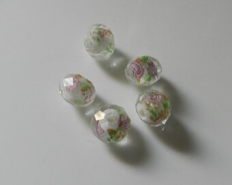 12mm Faceted White Lampwork Glass Crystal Rose Flower Beads 5 Beads V5307