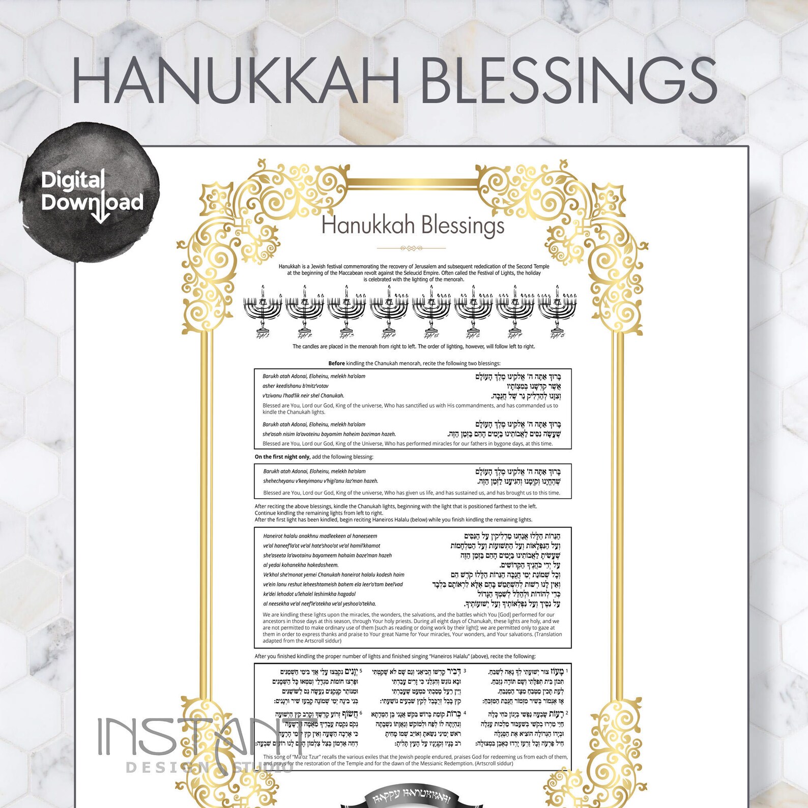 Hanukkah Blessings Card Print Prayer Guide Rules Jewish Etsy