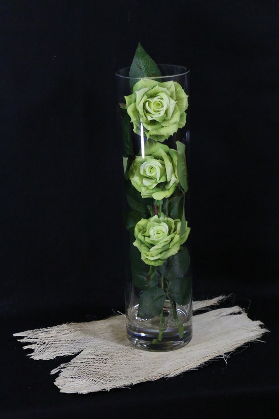 Green Roses in a Glass Cylinder Vase With Artificial Water Etsy