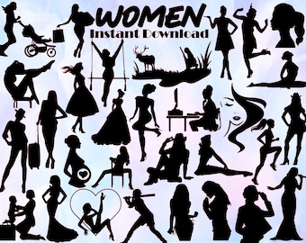 Women Silhouette SVG Bundle, 30 PNG Images (Instant Download)