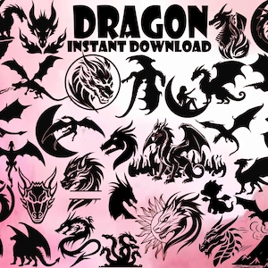 Dragon Bundle Svg, 34 Images, Dragon Png Files, Dragon Cut Files, Dragon Silhouette Svg ,Dragon Head Svg, Flying Dragon Svg