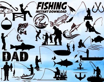 Fishing Bundle Svg, 24 Images, Fish Svg, Fishing PNG, Fishing Silhouette, Fisherman Svg ,Fishing Rod Svg