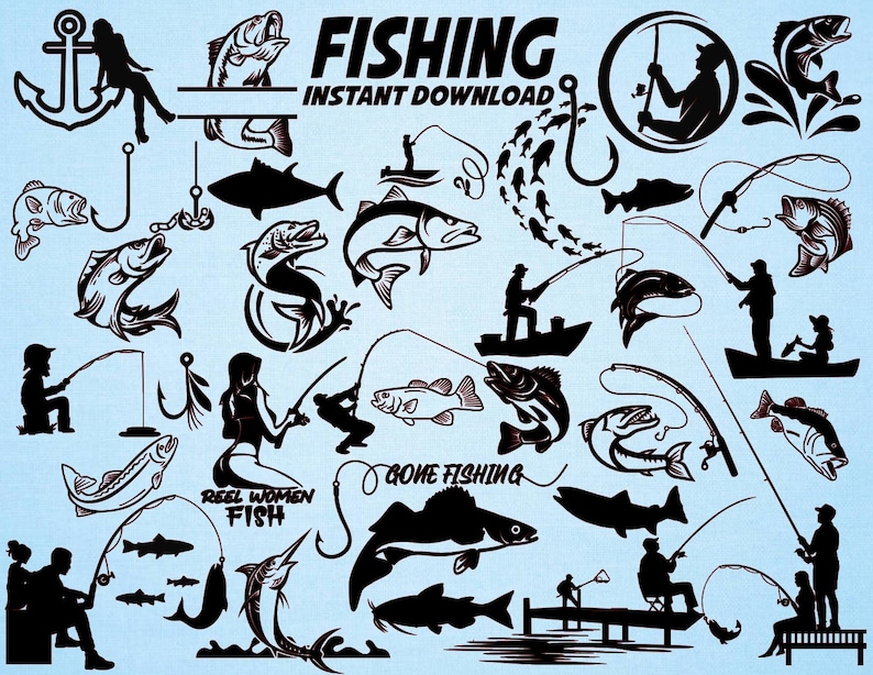 May include: Black and white fishing-themed digital art with various silhouettes of fish, anglers, fishing rods, hooks, and an anchor. Text includes "FISHING" and "INSTANT DOWNLOAD". The image has a light blue background.