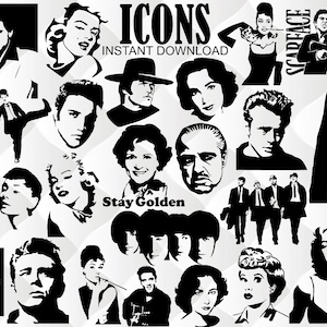 Pictogrammen SVG-bundel, 24 afbeeldingen, Marilyn Monroe Svg, Elizabeth Taylor Svg, James Dean SVG, Elvis Svg, John Travolta Svg, Betty White Svg