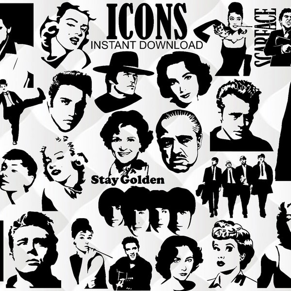 Icons SVG Bundle, 24 Images, Marilyn Monroe Svg, Elizabeth Taylor Svg, James Dean SVG, Elvis Svg, John Travolta Svg, Betty White Svg