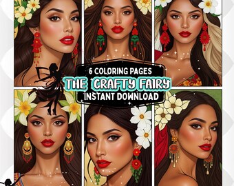 Latina Women Coloring Pages, Floral Headdress, 6 Designs (Digital Download)