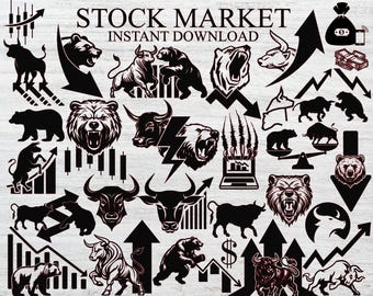 Stock Market Bull & Bear Silhouettes, Finance SVG Bundle (Digital Download)