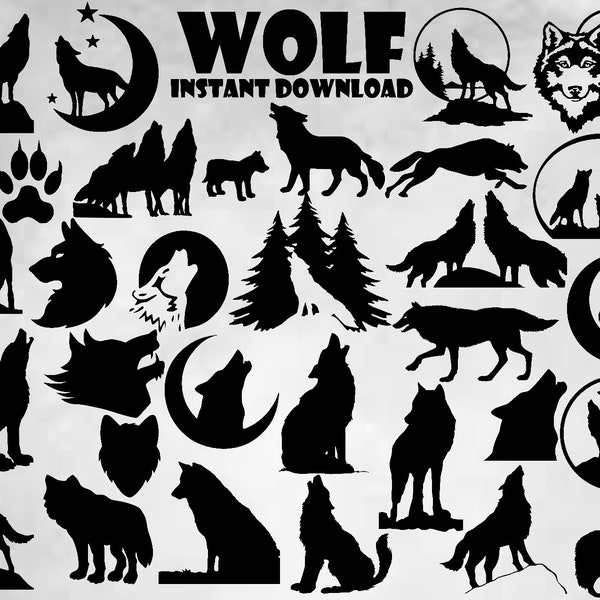 Wolf Bundle SVG File, 30 Images, Howling Wolf Svg, Png Files, Wolk Pack Svg, Wolf Cut file, Cricut, Silhouette, Instant download