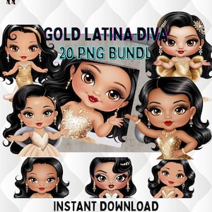 20 Fashion Latina Diva Png, Latina Clipart, Gold Themed Latina Clipart, Latina Stickers, Latina, Brown girls, Birthday,Chibi Png,Sublimation