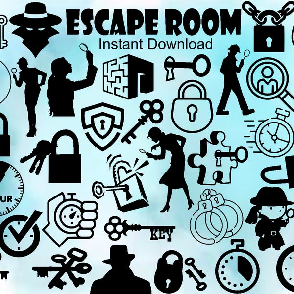 Escape Room Bundle Silhouettes Svg, 36 Images, Lock Svg, Maze Svg ,Clock Svg, Lock and Key Svg, Silhouette  Escape Room Svg