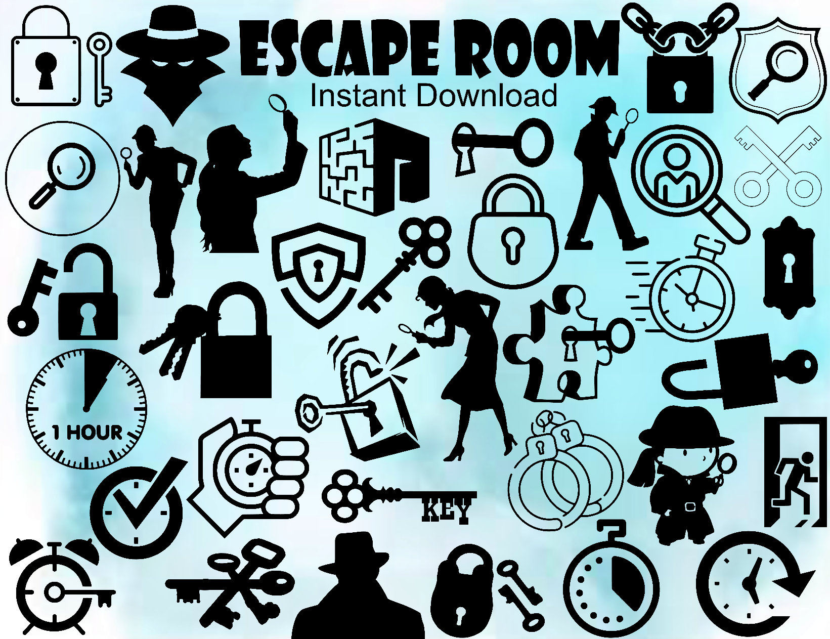 Escape Room Bundle Silhouettes Svg, 36 Images, Lock Svg, Maze Svg