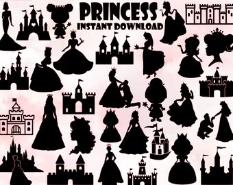 Princess Silhouette Bundle, Castle Clipart (SVG, PNG Digital Download)