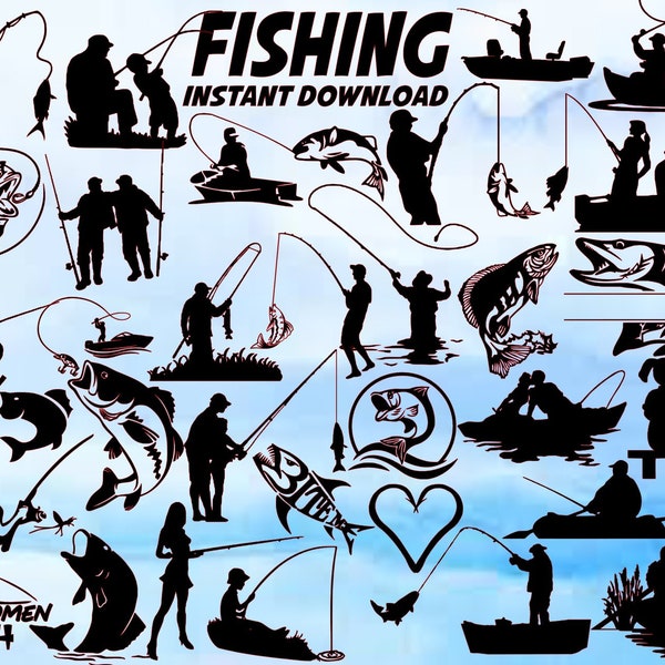 Fishing Bundle Svg, 30 Images, Fish Svg, Fishing PNG, Fishing Silhouette, Fisherman Svg ,Fishing Rod Svg