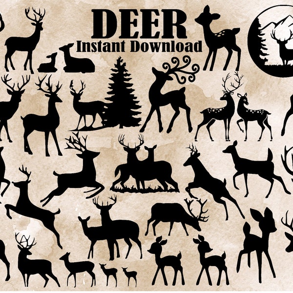 Deer Bundle Silhouettes Svg, 40 Images, Deer Svg, Reindeer Svg File, Deer Head File, Deer PNG, Deer Silhouette ,Deer Clipart , Doe Svg