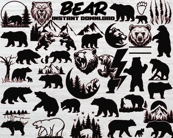 Bear Silhouette Bundle, 34 PNG SVG Clipart Designs (Digital Download)