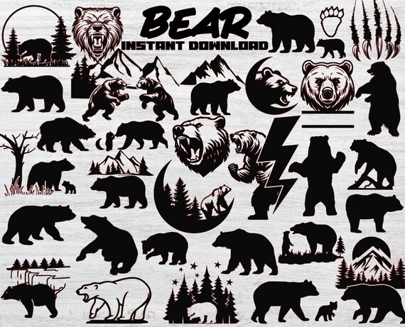 Bear Silhouette Bundle, 34 PNG SVG Clipart Designs (Digital Download)