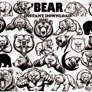 Pode incluir: Uma coleção de ilustrações de ursos em preto e branco com várias poses, incluindo cabeças rugindo, silhuetas de corpo inteiro e ursos com coroas. O texto BEAR INSTANT DOWNLOAD está centralizado no topo da folha de design gráfico.