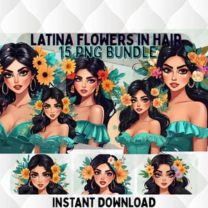 15  Latina Flowers in Hair Png, Latina Clipart, Watercolor, Latina Clipart, Latina Stickers, Latina Png, Latina Sublimation, Sublimation Png