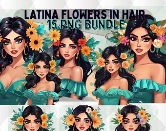 Latina Flowers in Hair Clipart, Watercolor PNG Bundle (Digital Download)