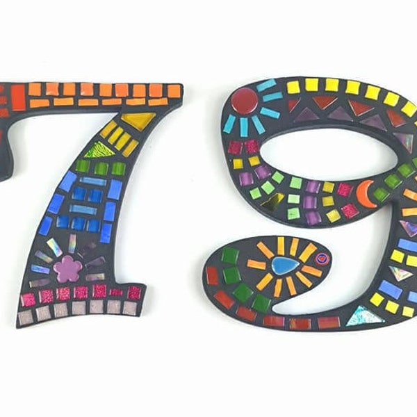 Mosaic House Numbers Medium Size . Bright Multi-Coloured Mosaic Numbers, Mosaic Wall Art. Retro or Rainbow Mosaic House Numbers