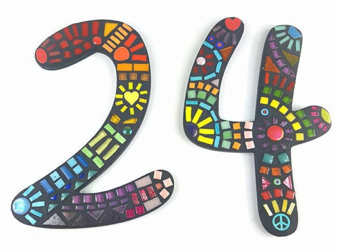 Large Mosaic House Numbers. Bright Multicoloured Mosaic Numbers