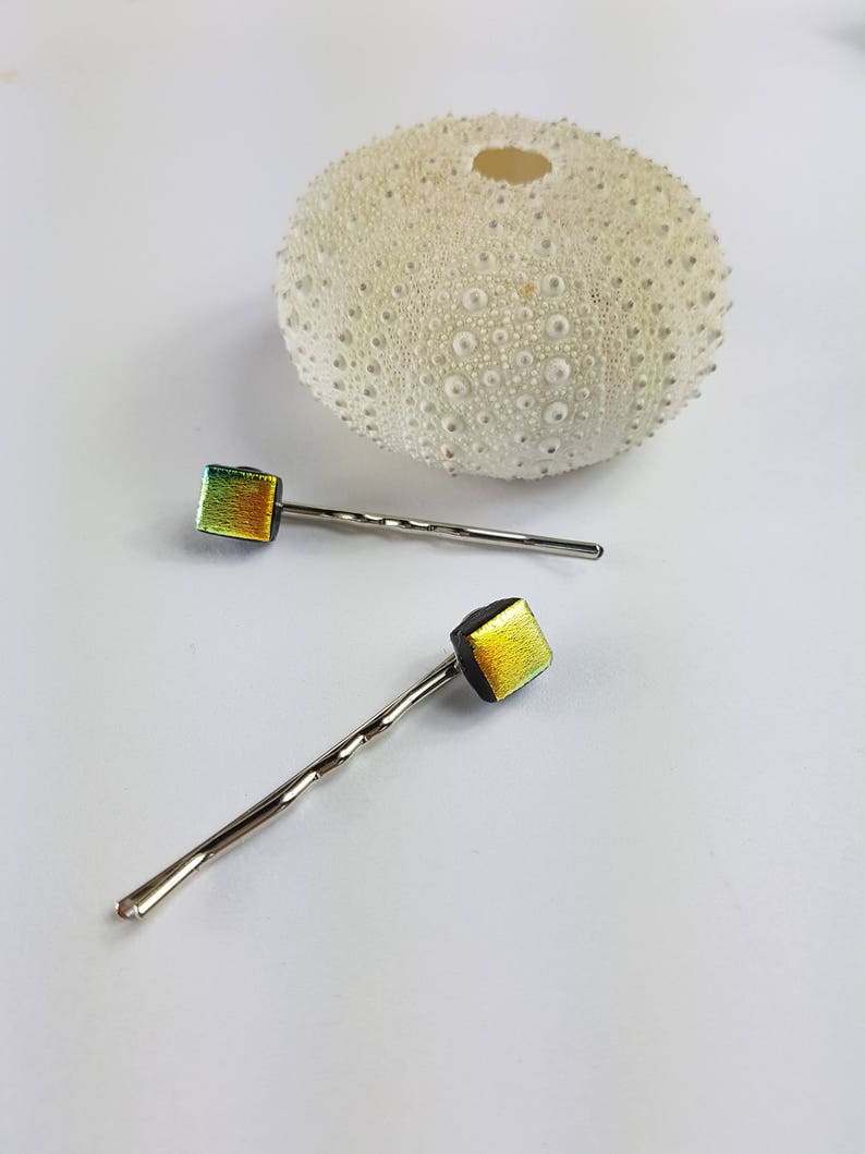 Dichroic Glass Hair Pins, Glass Hair Clips With Yellow, Green and
