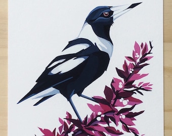 Magpie print, Magpie painting, Australian magpie , Australian bird print, nursey print, magpie art, Magpie illustration.