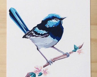 Superb fairywren  print, Superb fairywren bird painting, Australian wren, Australian bird print, nursey print, Australian art, blue bird