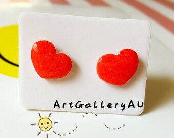 Kawaii Heart Earrings, Cute Red Heart Studs, Handmade Stud Earrings, Valentines Day, Gift for Her,gift for mum