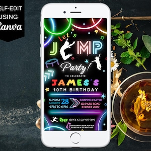 Animated Jump Birthday Invitation, Editable Glow Jump Trampoline Party Invite, Digital Let&#39;s Jump Party, Bounce House, Tie Dye Jump Party 03