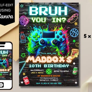Invitación de cumpleaños editable de Bruh, invitación a fiesta de jugador de neón digital, tarjeta de cumpleaños para niño adolescente, tema divertido de BRUH, fiesta de cumpleaños de juegos para niño