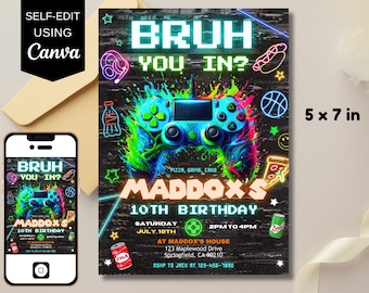 Edytowalne zaproszenie na urodziny Bruh, cyfrowe zaproszenie na imprezę Neon Gamer, karta urodzinowa dla nastolatka, zabawny motyw BRUH, zaproszenie na przyjęcie urodzinowe dla chłopców
