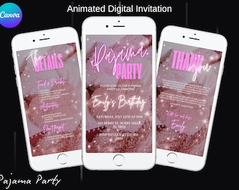 Digitale Pyjama Party Geburtstagseinladung, animierte PJs Girls Night Invite, bearbeitbare Blush Pink Sleepover Party, Roségold Damen Sleepover 1