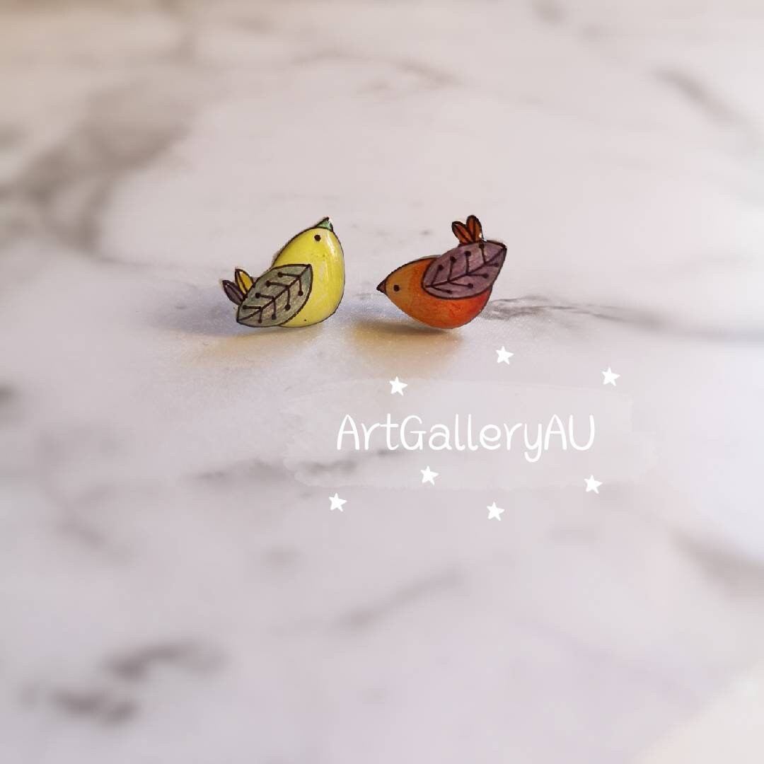 Kawaii birds Earrings, Cute love birds Studs, mismatched Handmade Stu…