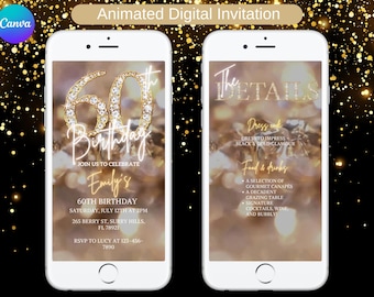 May include: A digital invitation for a 60th birthday party. The invitation features a gold number 60 with diamonds, a sparkling background, and the text "Join us to celebrate Emily's 60th Birthday". The details of the party are listed below, including the date, time, location, and RSVP information.