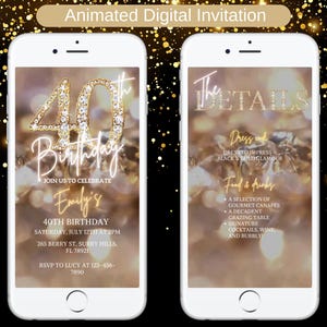 Può includere: Due smartphone mostrano un invito digitale animato per una festa di compleanno per i 40 anni. Il primo telefono mostra "40th Birthday" con il nome "Emily's" e i dettagli dell'evento. Il secondo mostra i dettagli dell'evento, tra cui codice di abbigliamento e cibo e bevande.