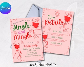 May include: Pink and green holiday party invitation with the text "Jingle and Mingle" and "The Details". The invitation includes details about the party, including the date, time, location, dress code, food and drinks, and secret Santa.