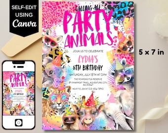 Invitación de cumpleaños editable con temática de animales de fiesta, tema de safari en la jungla digital, invitación a fiesta de animales salvajes, plantilla de invitación de animales del zoológico para hacer tú mismo 01