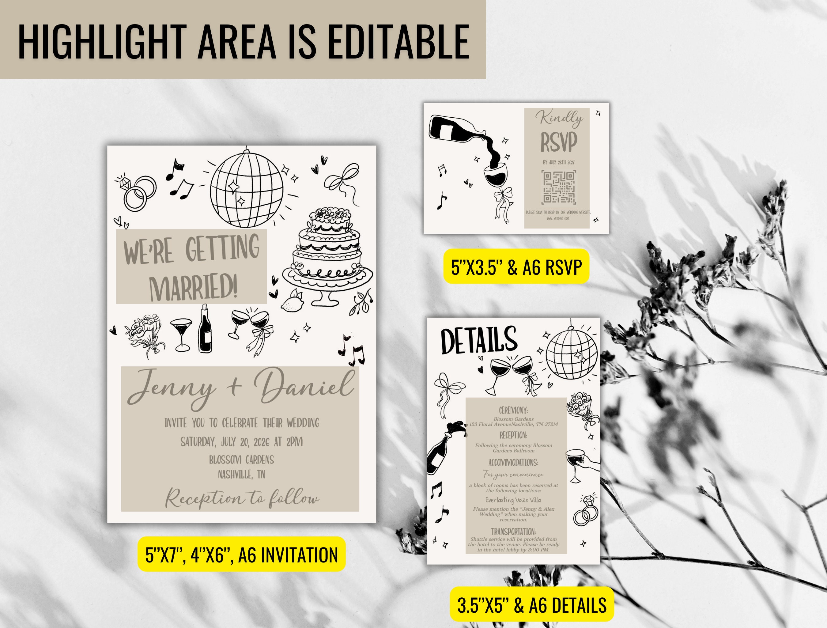 Editable Illustrated Wedding Invitation Template, Hand Drawn ...