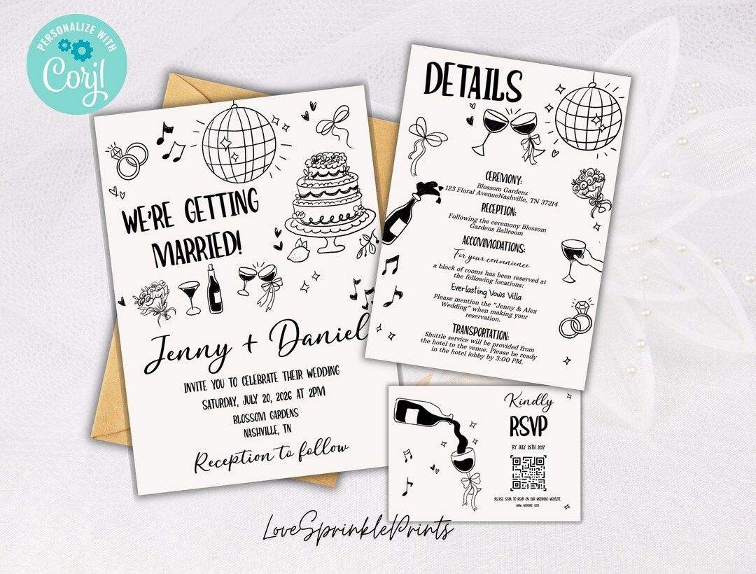 Editable Illustrated Wedding Invitation Template, Hand Drawn ...