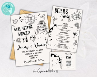 Editable Illustrated Wedding invitation Template, Hand Drawn Illustrations handwritten wedding invite RSVP details instant download HD01