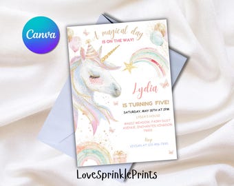 Invitación de cumpleaños de unicornio editable, invitación de fiesta de unicornio arcoíris pastel, niña, cumpleaños mágico rosa, plantilla personalizada imprimible digital