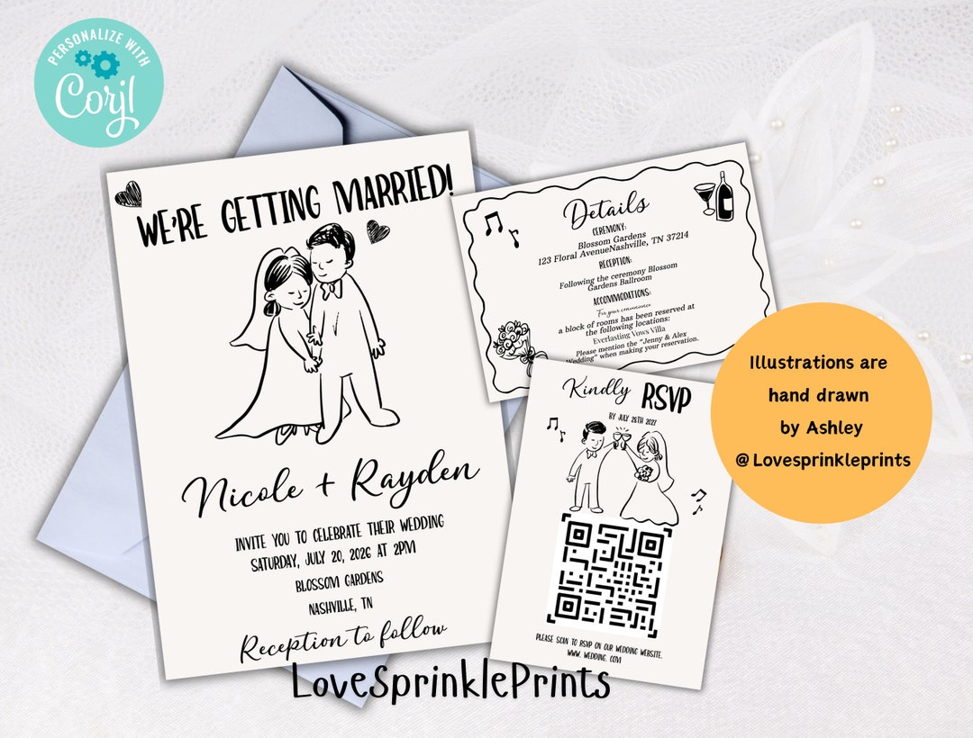 Editable Illustrated Wedding Invitation Template, Hand Drawn ...