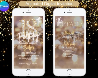 Op de afbeelding: Twee smartphoneschermen met een geanimeerde digitale uitnodiging voor een 18e verjaardag. Het eerste scherm toont het gouden getal 18 met de naam "Emily's" en evenementdetails. Het tweede scherm toont de evenementdetails.