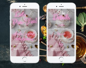 Digital Tea Party Birthday Invitation, Animated Elegant Pink Par-Tea eVite, Editable Girls Afternoon Tea Template, DIY High Tea Invite 01