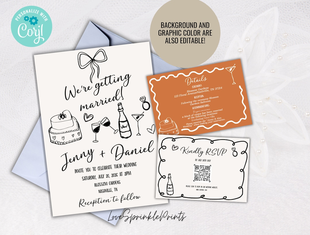 Editable Hand Drawn Wedding Invitation Template, Doodle Illustrations ...