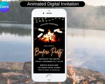 Animated Digital Bonfire Invitation Digital Neon Bonfire Party Invite Beach Bonfire Invite Campfire Summer Birthday Invite Backyard BBQ 02