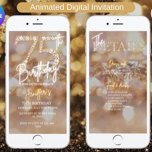 May include: Two white smartphones showing a digital invitation for a 75th birthday celebration. The invitation uses gold and diamond embellishments, with event details including date, time, and location. The second phone shows event details.